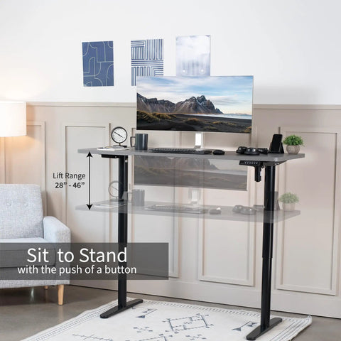 VIVO Electric Standing Desk Frame Single Motor Height Adjustable Workstation Base With Memory Settings Fits 41-74 Inch Tops Strong Black Steel Legs For Home Office Ergonomic Sit Stand Setup in modern workspace showing lift range 28 to 46 inches.