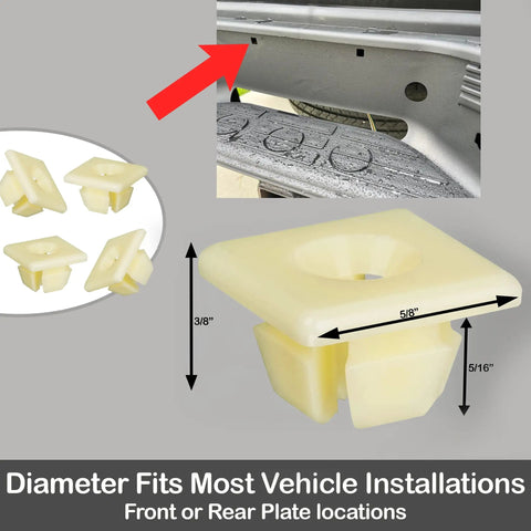 Front And Rear License Plate Screws Kit With Rustproof Finish display of square plastic nuts, dimensions highlighted