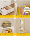 Modular Walk In Closet System with 4 Sets Extending 8 to 21 Feet Including 12 Spacious Drawers 8 Adjustable Hanging Rods 4 Shelves in Tough White Wood for a Custom Home Organization Setup Keeping Your Threads Organized and Ready to Go. features smooth-slide wooden drawers and spacious top shelf.