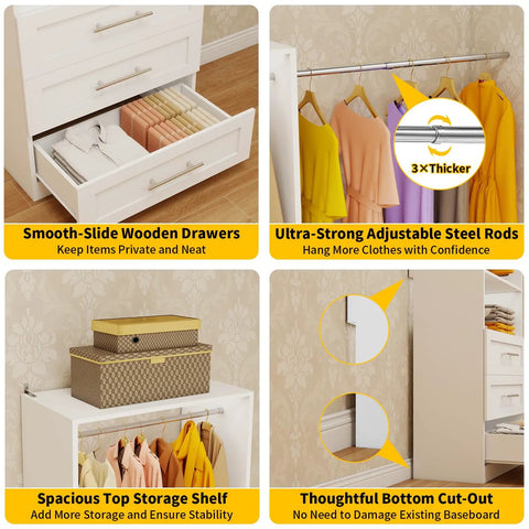 Modular Walk In Closet System with 4 Sets Extending 8 to 21 Feet Including 12 Spacious Drawers 8 Adjustable Hanging Rods 4 Shelves in Tough White Wood for a Custom Home Organization Setup Keeping Your Threads Organized and Ready to Go. features smooth-slide wooden drawers and spacious top shelf.