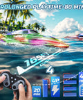 Two Pack 13 Inch Remote Control Boats With LED Lights on water showing remote control and battery details