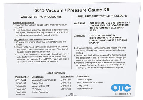 OTC 5613 Vacuum/Pressure Gauge Kit instruction sheet showing vacuum and fuel testing procedures; OTC logo.