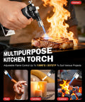 Dual Flame Butane Torch Lighter for Cooking and Soldering in use searing steak on a grill, showcasing flame and control features.