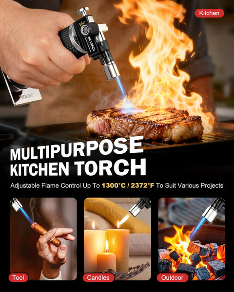 Dual Flame Butane Torch Lighter for Cooking and Soldering in use searing steak on a grill, showcasing flame and control features.