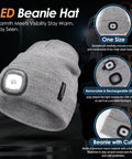 LED Beanie With Built-In USB Rechargeable Light For Men And Women, gray unisex winter hat headlamp cap with LED light.