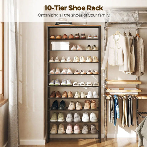 Built Tough 10 Tier Shoe Rack, Roomy Shoe Storage Cabinet Holds 40 Pairs, Solid Multi Shelf Organizer For Entryway Hallway Closet And Dorm Setup In Rustic Brown Finish