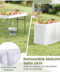 Portable Folding Ice Cooler Table With Drain And Satin Skirt Matching Foldable Bucket Bev Station for outdoor party.