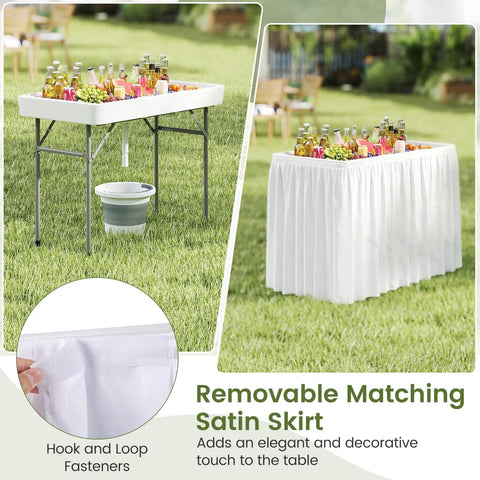 Portable Folding Ice Cooler Table With Drain And Satin Skirt Matching Foldable Bucket Bev Station for outdoor party.