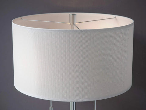 Stowe Table Lamp in Brushed Steel Finish With White Textured Drum Shade, Modern Vibe, 30 Inch Tall, 17 Inch Shade Diameter