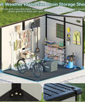 7x7x7 Ft Outdoor Resin Storage Shed With Floor Double Doors Sloped Roof Waterproof All Weather UV Resistant Skylight Panels Window And Vents For Lawn Backyard Garden Grey And Black Yard Essential interior view with bike and tools organized.