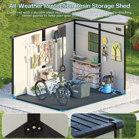 7x7x7 Ft Outdoor Resin Storage Shed With Floor Double Doors Sloped Roof Waterproof All Weather UV Resistant Skylight Panels Window And Vents For Lawn Backyard Garden Grey And Black Yard Essential interior view with bike and tools organized.
