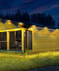 Solar Fence Lights Six Pack With 9 LED Warm White Outdoor Waterproof UFO Design mounted on house eaves for garden decor