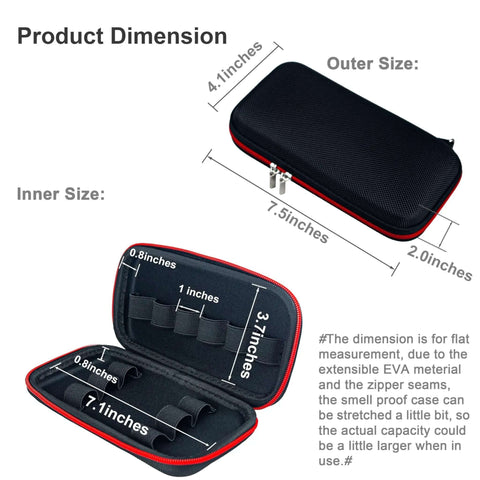 Product dimensions of the RoadReady Vape Case 7.5 Inch, showing outer and inner sizes with detailed measurements.