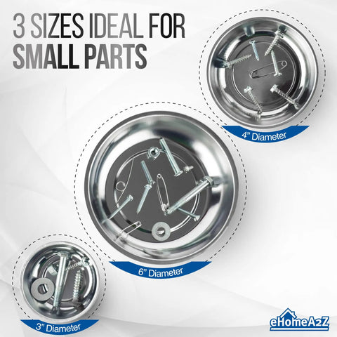 Magnetic Tray 3 Piece Set Round Stainless Steel Magnetic Parts Trays For Screws Nuts Bolts Pins in different sizes