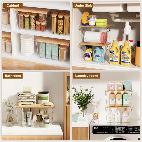 Stackable Pantry Organizers With Bamboo Lids And Clear Bins For Fruits And Vegetables Extra Large Capacity Home Storage in cabinet and bathroom.