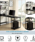 Top Tier Industrial Home Office Computer Desk With Five Tier Storage Shelves Fifty Four Inch Study Writing Table Desktop Workstation in matte black