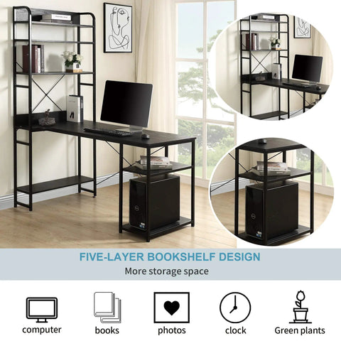Top Tier Industrial Home Office Computer Desk With Five Tier Storage Shelves Fifty Four Inch Study Writing Table Desktop Workstation in matte black
