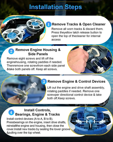 Replacement Tune Up Kit For MX6 MX8 MX6EL MX8EL Pool Cleaners With OEM Grade Parts Including Flex Power Turbine Drive Shafts Bearings Tracks And Directional Devices A B installation steps