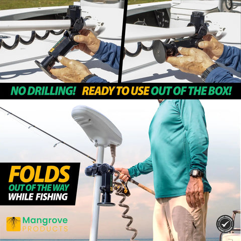 Gen3 Adjustable Trolling Motor Stabilizer With Vertical Adjustment installed on boat showing foldable feature during fishing