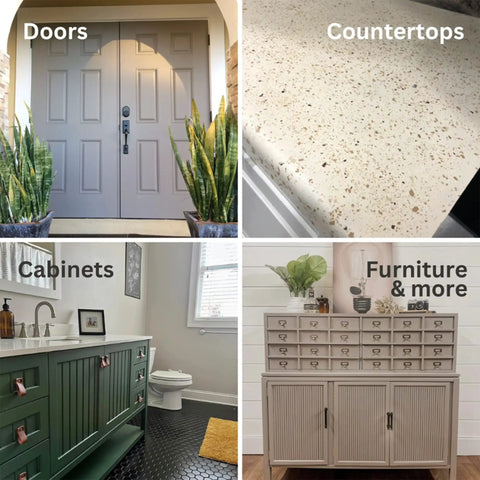 All In One Refinishing Paint For Furniture And Cabinets Quart Pewter Color shown on doors, countertops, cabinets, and furniture applications