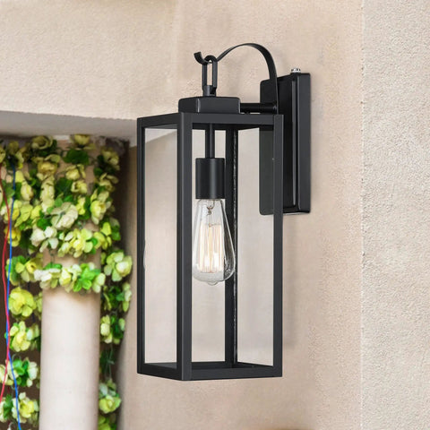Large Outdoor Wall Light With Dusk To Dawn Sensor, Matte Black Exterior Fixture, Clear Glass Shade, Waterproof Front Porch Lantern