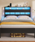 Heavy Duty Full Size Bed Frame With Smart RGB LED Lights App Control Storage Headboard Built In USB Chargers Black Oak Finish featuring dual-tier shelves.