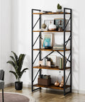Clean Five Tier Bookshelf In Rustic Brown Industrial Tall Bookcase displaying books, decor, and a plant in a modern living room.