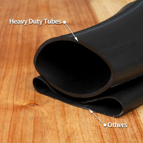 Heavy Duty Inner Tube 4.10/3.50-6 With TR-87 Angled Valve Stem on wooden surface, comparison with smaller tube labeled 'Others'. 