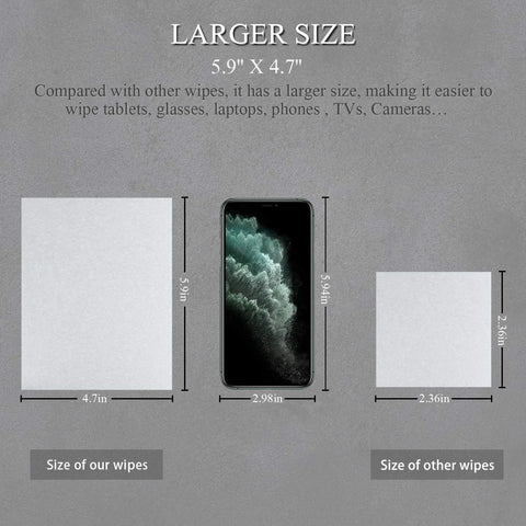 Monitor screen wipes size comparison: large wipe 5.9 by 4.7 inches beside smaller 2.36 by 2.36 inches with a phone for scale.