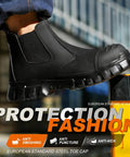 All Day Comfort Steel Toe Work Boots For Men Waterproof Lightweight Non Slip Safety Shoes Built For Construction And Industrial Jobs With Reinforced Toe Caps And ASTM Certified Boss Level Protection side view on industrial background