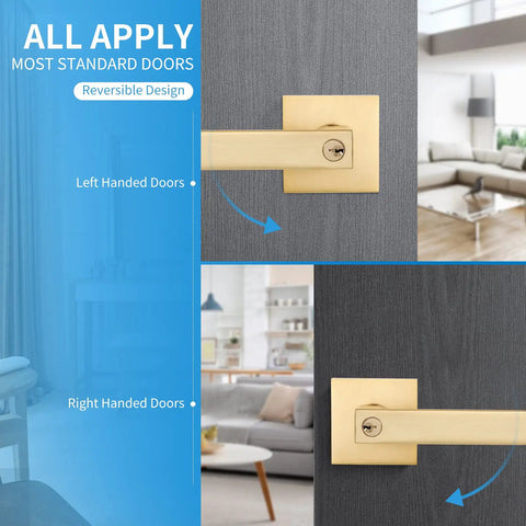 5 Pack Modern Gold Door Levers With Keys For Entry Front Exterior And Interior Doors Keyed Alike Privacy Lock Levers, left and right design