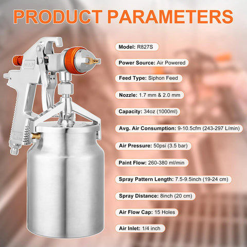 Pro Grade HVLP Siphon Paint Spray Gun Featuring 1000CC Aluminum Cup And Built In Pressure Regulator With Adjustable 1.7 Or 2MM Brass Tips, air powered, 34oz capacity.