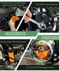 All In One Motorcycle Oil Change Kit For Big Twin And Touring Bikes Heavy Duty Oil Filter Cap Wrench Crankcase Fill Tool Primary Case Oil Funnel Drip Free Filter Tool Includes 30 O Rings 11105 in use on motorcycle engine