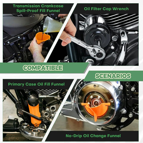 All In One Motorcycle Oil Change Kit For Big Twin And Touring Bikes Heavy Duty Oil Filter Cap Wrench Crankcase Fill Tool Primary Case Oil Funnel Drip Free Filter Tool Includes 30 O Rings 11105 in use on motorcycle engine