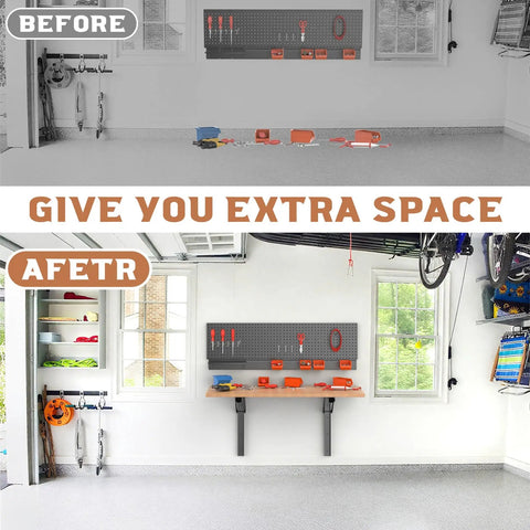 Before and after garage organization with 18 Inch Heavy Duty Wall Shelf Brackets Built Tough Rock Solid Collapsible Bracket Kit.