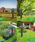 8 Pack Solar Powered Ultrasonic Mole And Rodent Repellent Stakes displayed in farm, park, garden, and yard settings.