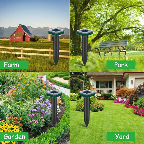 8 Pack Solar Powered Ultrasonic Mole And Rodent Repellent Stakes displayed in farm, park, garden, and yard settings.