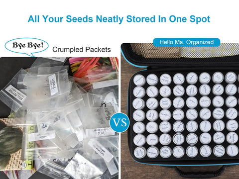 Comparison of messy seed packets vs organized seed containers in Seed Storage Organizer Kit With 70 Slots, 20 Seed Envelopes, Label Cards