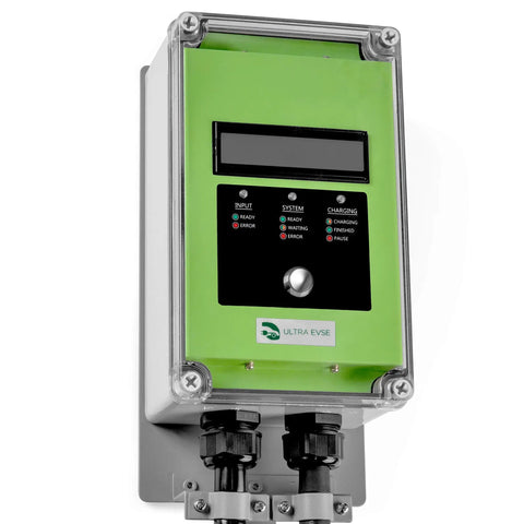32 Amp Level 2 Electric Vehicle Charging Station With Smart Display showing input and charging status indicators.