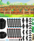 Upgraded Drip Irrigation Kit With 46 Ft Main Tubing And Half Inch Lines, components displayed with garden background