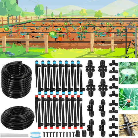 Upgraded Drip Irrigation Kit With 46 Ft Main Tubing And Half Inch Lines, components displayed with garden background