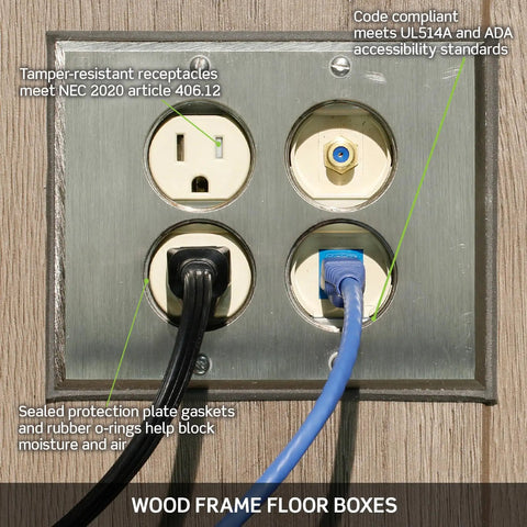 Built Tough Self Grounding Duplex Floor Box With Two Outlets 15 Amp Ivory Brass Finish Ready To Wire on wood floor