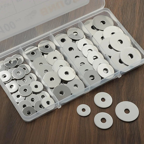 100 Piece Fender Washer Kit For Screws And Bolts Thickened 304 Stainless Steel, Assorted Sizes 8, 10, 1/4 Inch in compartment box