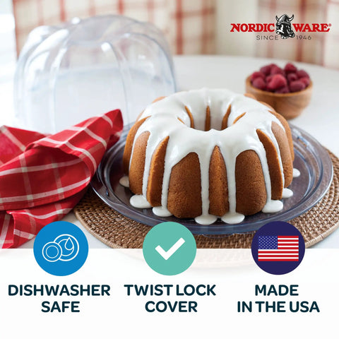 Deluxe Bundt Cake Keeper In Crystal Clear Plastic Keeps Cakes Fresh, Lid Locks For Easy Transport On The Go, Dishwasher Safe, Made In The USA
