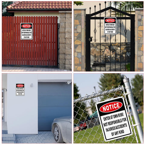 4 Pack Enter At Own Risk Warning Signs 10 By 7 Inch Tough As Nails Reflective Aluminum Plates on gated entrance and fence.