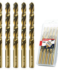 Badass M35 Cobalt Drill Bit Set Five Piece 3/8 Inch HSS Twist Bits for cutting stainless steel and wood, displayed in packaging.