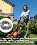 Woman mowing lawn with mower, inset of Aramid Replacement Drive Belt For Lawn Mower Decks Fits Woods 18879 displayed