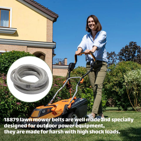 Woman mowing lawn with mower, inset of Aramid Replacement Drive Belt For Lawn Mower Decks Fits Woods 18879 displayed