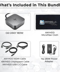 Badass Thunderbolt 4 Dock Bundle With 180W Fast Charging includes G6 gray 180W hub, HDMI, Displayport, USB C cables, microfiber cloth.