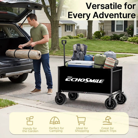 Heavy Duty Folding Wagon Cart For Camping And Beach 400 Lb Capacity All Terrain 9cm Wide Wheels With 360 Degree Swivel Front
